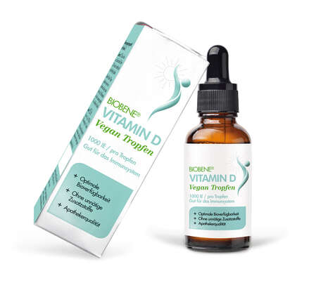 Sie sehen eine Packung BIOBENE® Vitamin D Vegan Tropfen, Produktbild: 01 BIOBENE® Vitamin D Vegan Tropfen, A-Nr.: 6117559 - 01