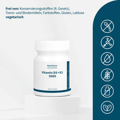 Sie sehen eine Packung NatuGena Vitamin D3 + K2 5000, Produktbild: 03 NatuGena Vitamin D3 + K2 5000, A-Nr.: 6147833 - 03