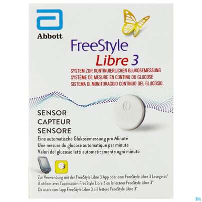 Sie sehen eine Packung Diagnostika U.zubehoer Freestyle/libre 3 Sensor Inkl.applikator Pq 72 1st, Produktbild: 01 Diagnostika U.zubehoer Freestyle/libre 3 Sensor Inkl.applikator Pq 72 1st, A-Nr.: 5817740 - 01