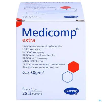 Sie sehen eine Packung Kompressen Medicomp/extra Vliesstoff 6fach Steril 5x 5cm 25x2 50st, Produktbild: 01 Kompressen Medicomp/extra Vliesstoff 6fach Steril 5x 5cm 25x2 50st, A-Nr.: 1652064 - 01