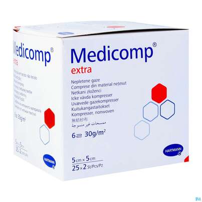 Sie sehen eine Packung Kompressen Medicomp/extra Vliesstoff 6fach Steril 5x 5cm 25x2 50st, Produktbild: 05 Kompressen Medicomp/extra Vliesstoff 6fach Steril 5x 5cm 25x2 50st, A-Nr.: 1652064 - 05