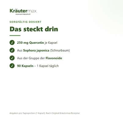 Sie sehen eine Packung Quercetin Kapseln 250 mg 90 Stück, Produktbild: 03 Quercetin Kapseln 250 mg 90 Stück, A-Nr.: 4997013 - 03