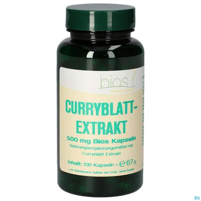 Sie sehen eine Packung Bios Curryblattextrakt 500mg 100 Kapseln, Produktbild: 01 Bios Curryblattextrakt 500mg 100 Kapseln, A-Nr.: 4334057 - 01