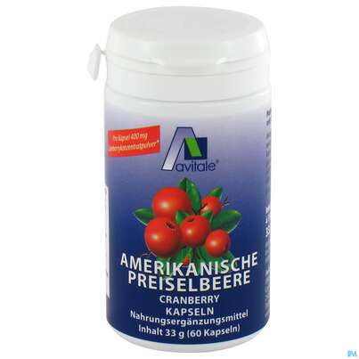 Sie sehen eine Packung Preiselbeer Kapseln Amer Avi 60st, Produktbild: 01 Preiselbeer Kapseln Amer Avi 60st, A-Nr.: 3831144 - 01