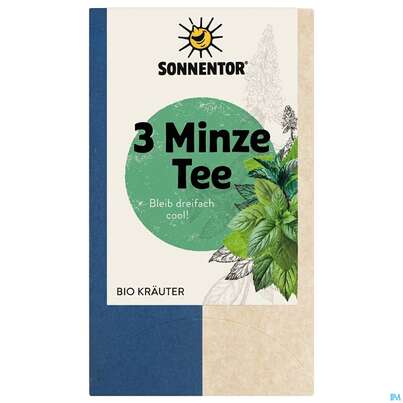 Sie sehen eine Packung Sonnentor Bio/3-minze-tee Doppelkammerbeutel 21,6g 02321 18st, Produktbild: 01 Sonnentor Bio/3-minze-tee Doppelkammerbeutel 21,6g 02321 18st, A-Nr.: 5804826 - 01