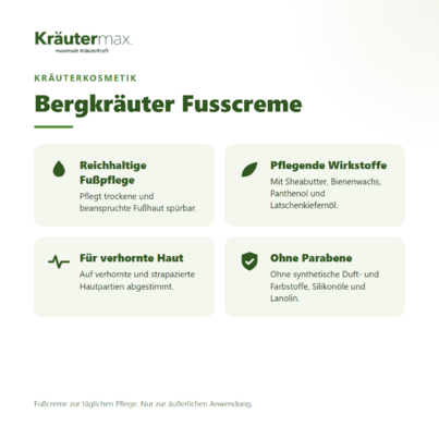 Sie sehen eine Packung Bergkräuter Fusscreme 100 ml, Produktbild: 02 Bergkräuter Fusscreme 100 ml, A-Nr.: 5942221 - 02