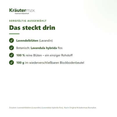 Sie sehen eine Packung Lavendel Blüten Tee 100 g, Produktbild: 03 Lavendel Blüten Tee 100 g, A-Nr.: 4608603 - 03