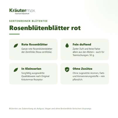 Sie sehen eine Packung Rosenblütenblätter rot Tee 50 g, Produktbild: 02 Rosenblütenblätter rot Tee 50 g, A-Nr.: 6017651 - 02