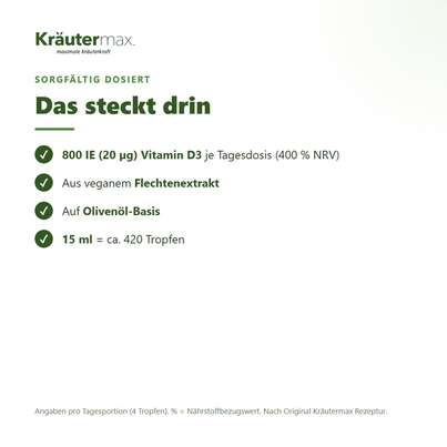 Sie sehen eine Packung Vitamin D3 IE 800 Vegan Tropfen 15 ml, Produktbild: 03 Vitamin D3 IE 800 Vegan Tropfen 15 ml, A-Nr.: 6130057 - 03