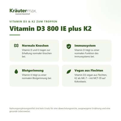 Sie sehen eine Packung Vitamin D3 800 IE K2 Tropfen vegan 50 ml, Produktbild: 02 Vitamin D3 800 IE K2 Tropfen vegan 50 ml, A-Nr.: 5804418 - 02