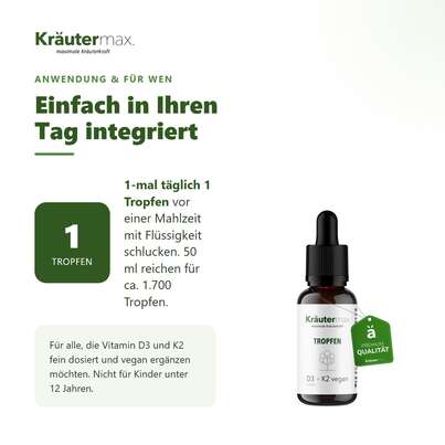 Sie sehen eine Packung Vitamin D3 800 IE K2 Tropfen vegan 50 ml, Produktbild: 04 Vitamin D3 800 IE K2 Tropfen vegan 50 ml, A-Nr.: 5804418 - 04