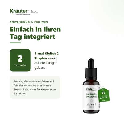 Sie sehen eine Packung Vitamin E 24 mg Tropfen vegan 15 ml, Produktbild: 04 Vitamin E 24 mg Tropfen vegan 15 ml, A-Nr.: 5289198 - 04