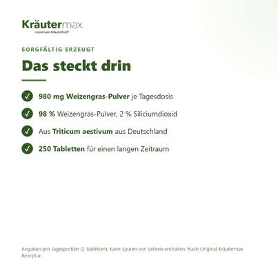 Sie sehen eine Packung Weizengras Pulver Tabletten 250 Stück, Produktbild: 03 Weizengras Pulver Tabletten 250 Stück, A-Nr.: 5804424 - 03