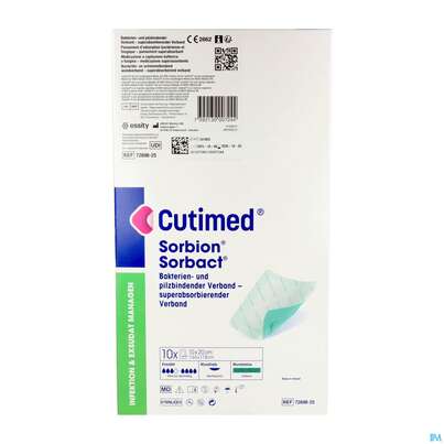 Sie sehen eine Packung Cutimed Sorbion Sorbact Steril Bakterienbind.+absorb. Wundauflage 10x20cm 72698 10st, Produktbild: 05 Cutimed Sorbion Sorbact Steril Bakterienbind.+absorb. Wundauflage 10x20cm 72698 10st, A-Nr.: 4750229 - 05