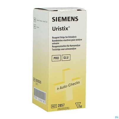 Sie sehen eine Packung Diagnostika U.zubehoer Urinteststreifen Uristix -siemens 50st, Produktbild: 01 Diagnostika U.zubehoer Urinteststreifen Uristix -siemens 50st, A-Nr.: 0072502 - 01