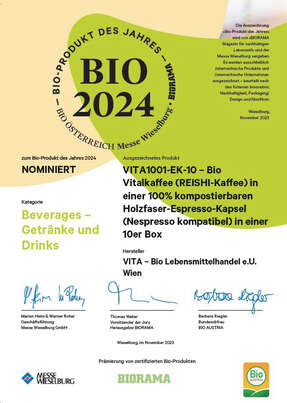 VITA1001 - Bio Vitalkaffee (PREMIUM REISHI-Kaffee) | Holzfaser-Kapsel | 10er ÖKO-Box (Nespresso kompatibel), A-Nr.: 5684109 - 10