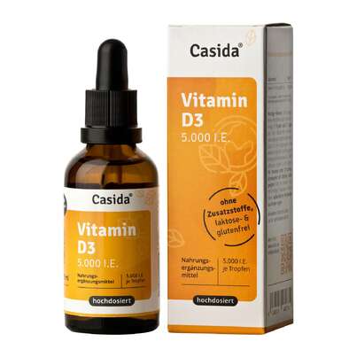 Sie sehen eine Packung Casida Vitamin D3 Tropfen 5000 I.E., Produktbild: 01 Casida Vitamin D3 Tropfen 5000 I.E., A-Nr.: 5339039 - 01