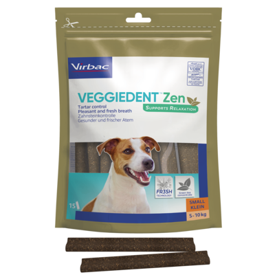 Sie sehen eine Packung Veggiedent Zen S - Kaustreifen für Hunde von 5 bis 10 kg Körpergewicht, Produktbild: 01 Veggiedent Zen S - Kaustreifen für Hunde von 5 bis 10 kg Körpergewicht, A-Nr.: 5174928 - 01