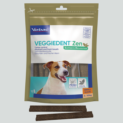 Sie sehen eine Packung Veggiedent Zen S - Kaustreifen für Hunde von 5 bis 10 kg Körpergewicht, Produktbild: 02 Veggiedent Zen S - Kaustreifen für Hunde von 5 bis 10 kg Körpergewicht, A-Nr.: 5174928 - 02