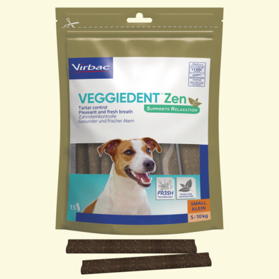 Sie sehen eine Packung Veggiedent Zen S - Kaustreifen für Hunde von 5 bis 10 kg Körpergewicht, Produktbild: 03 Veggiedent Zen S - Kaustreifen für Hunde von 5 bis 10 kg Körpergewicht, A-Nr.: 5174928 - 03