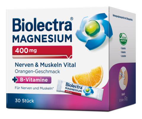 Sie sehen eine Packung Biolectra® Magnesium 400 mg Nerven & Muskeln Vital Direct Sticks 30 Stück, Produktbild: 01 Biolectra® Magnesium 400 mg Nerven & Muskeln Vital Direct Sticks 30 Stück, A-Nr.: 5615048 - 01