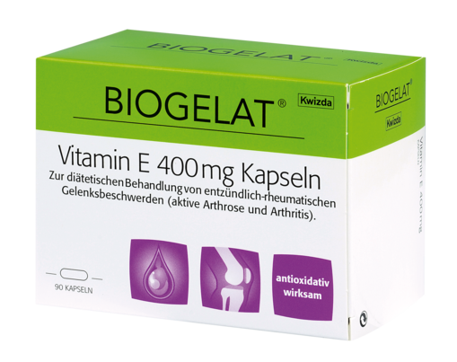 Sie sehen eine Packung Biogelat Vitamin E 400 mg, Produktbild: 01 Biogelat Vitamin E 400 mg, A-Nr.: 4084761 - 01
