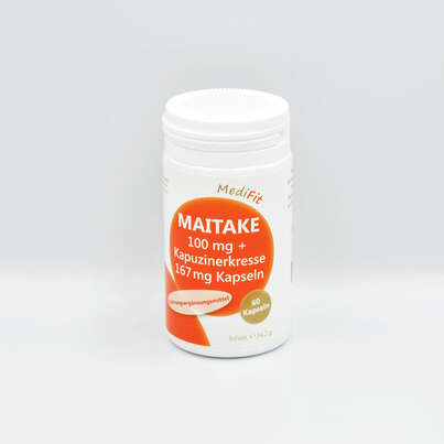 Sie sehen eine Packung Maitake 100 mg + Kapuzinerkresse 167 mg Kapseln, Produktbild: 01 Maitake 100 mg + Kapuzinerkresse 167 mg Kapseln, A-Nr.: 4547712 - 01