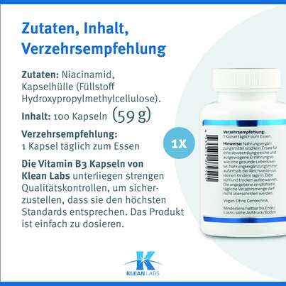 Niacinamid (B3) 500 mg Klean Labs Kapseln, A-Nr.: 5598232 - 09