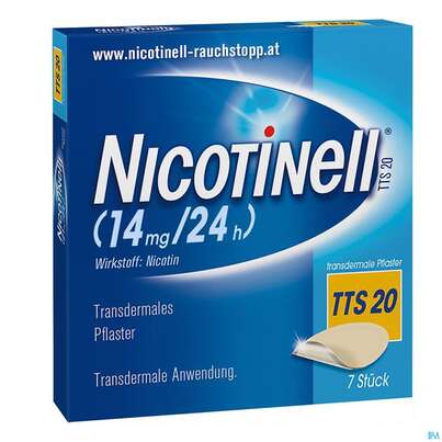 Sie sehen eine Packung Nicotinell Transdermale Pflaster Tts 20 (14mg/24h) 7st, Produktbild: 02 Nicotinell Transdermale Pflaster Tts 20 (14mg/24h) 7st, A-Nr.: 1254524 - 02