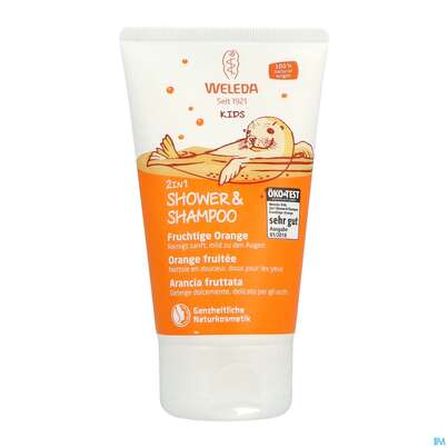 Sie sehen eine Packung Shampoon Weleda Kids 2in1 +shower Fruchtige Orange 150ml, Produktbild: 04 Shampoon Weleda Kids 2in1 +shower Fruchtige Orange 150ml, A-Nr.: 4520297 - 04