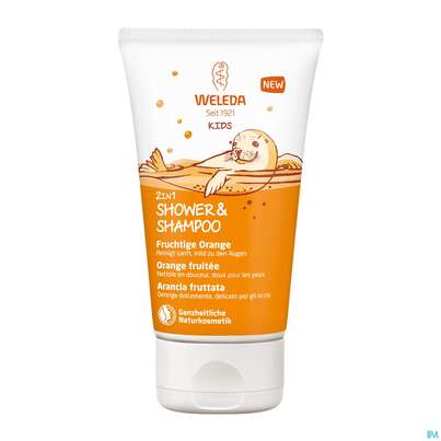 Sie sehen eine Packung Shampoon Weleda Kids 2in1 +shower Fruchtige Orange 150ml, Produktbild: 05 Shampoon Weleda Kids 2in1 +shower Fruchtige Orange 150ml, A-Nr.: 4520297 - 05